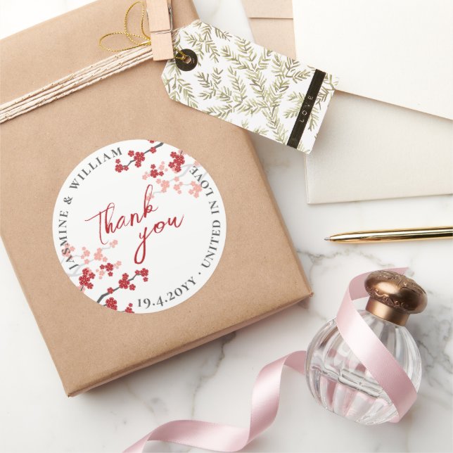 Red Sakura Flowers Cherry Blossoms Asian Wedding Classic Round Sticker (Gifting)