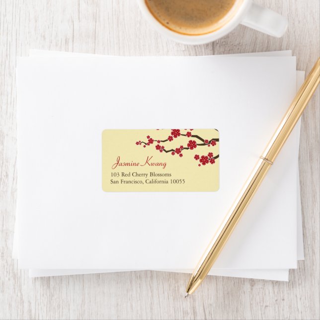 Red Sakura Flowers Cherry Blossoms Asian Wedding Label (Insitu)