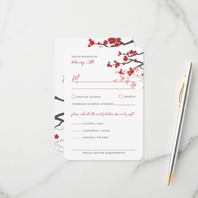 Red Sakura Flowers Cherry Blossoms Asian Wedding RSVP Card (Front/Back In Situ)
