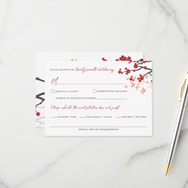 Red Sakura Flowers Cherry Blossoms Asian Wedding RSVP Card (Front/Back In Situ)
