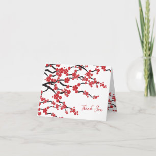 Red Sakura Flowers Cherry Blossoms Asian Wedding Thank You Card