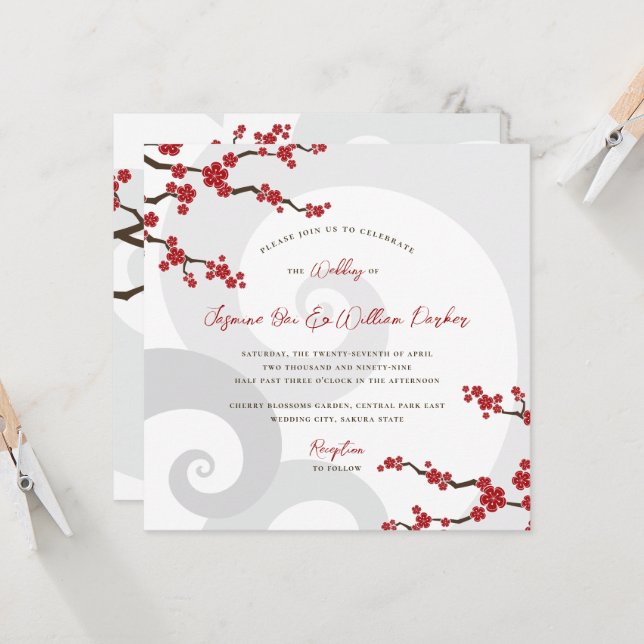 Red Sakura Flowers Cherry Blossoms Swirls Wedding Invitation (Front/Back In Situ)