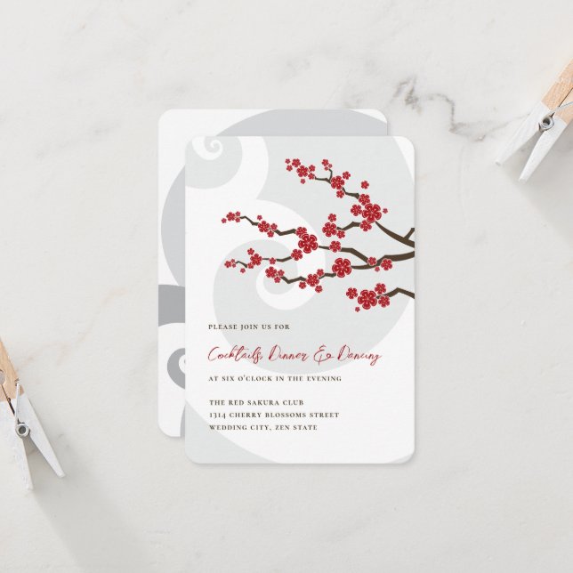 Red Sakura Flowers Cherry Blossoms Swirls Wedding Invitation (Front/Back In Situ)
