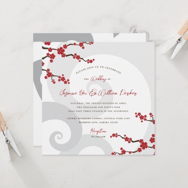 Red Sakura Flowers Cherry Blossoms Swirls Wedding Invitation (Front/Back In Situ)
