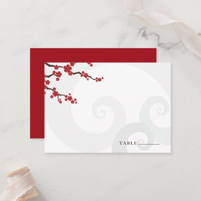 Red Sakura Flowers Cherry Blossoms Swirls Wedding Place Card (Front/Back In Situ)