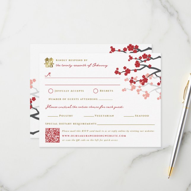 Red Sakura & Gold Double Happiness Chinese Wedding RSVP Card (Front/Back In Situ)