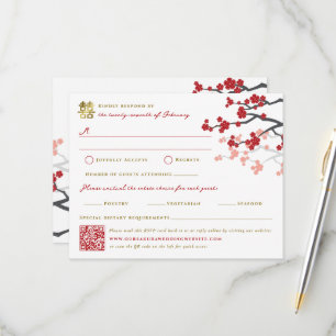 Red Sakura & Gold Double Happiness Chinese Wedding RSVP Card