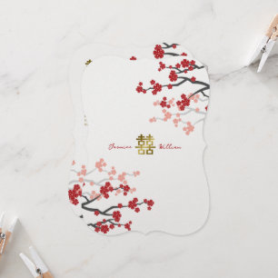 Red Sakura Golden Double Happiness Chinese Wedding Invitation