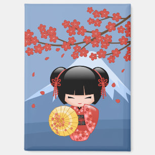 Red Sakura Kokeshi Cute Geisha Blue Mountain Magnet