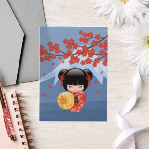 Red Sakura Kokeshi Cute Geisha Girl Blue Insert Vellum Invitations
