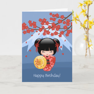 Red Sakura Kokeshi Doll, Cute Geisha Birthday Card