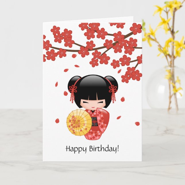 Red Sakura Kokeshi Doll, Cute Geisha Birthday Card (Yellow Flower)