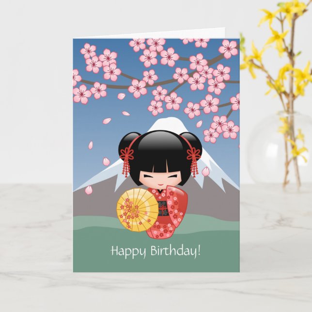 Red Sakura Kokeshi Doll, Cute Geisha Birthday Card (Yellow Flower)