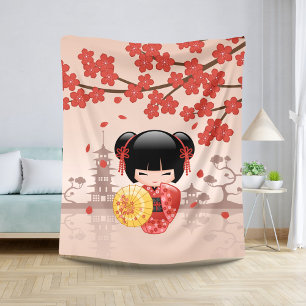 Red Sakura Kokeshi Doll Cute Geisha Girl Beige Sherpa Blanket