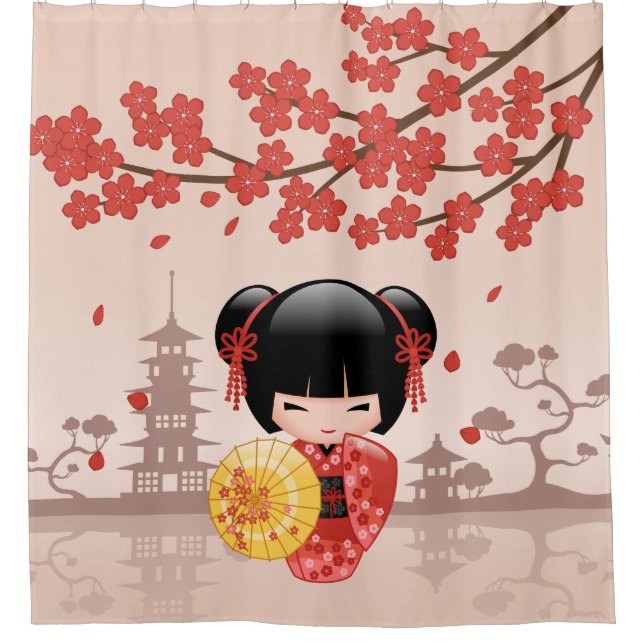Red Sakura Kokeshi Doll Cute Geisha Girl Beige Shower Curtain (Front)