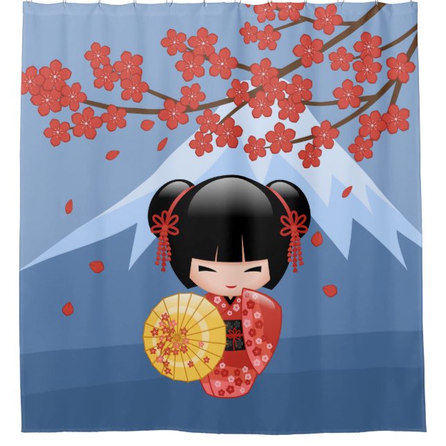 Red Sakura Kokeshi Doll Cute Geisha Girl Blue Shower Curtain (Front)