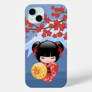 Red Sakura Kokeshi Doll - Cute Geisha Girl iPhone 15 Mini Case