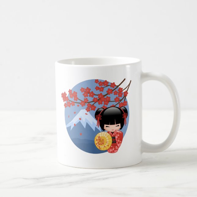 Red Sakura Kokeshi Doll - Cute Geisha Girl Coffee Mug (Right)