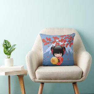 Red Sakura Kokeshi Doll - Cute Geisha Girl Cushion