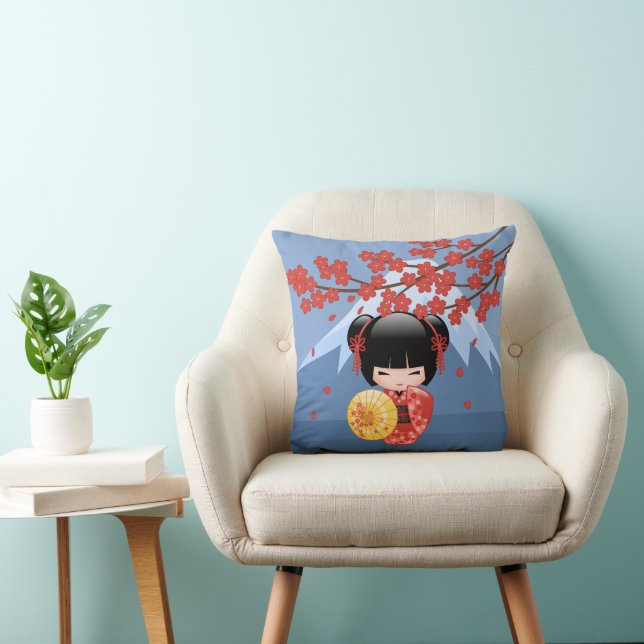 Red Sakura Kokeshi Doll - Cute Geisha Girl Cushion (Chair)