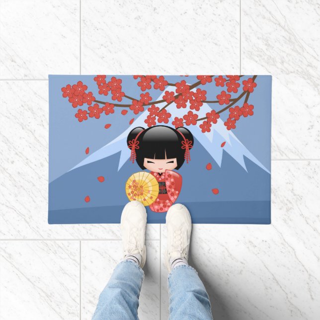 Red Sakura Kokeshi Doll - Cute Geisha Girl Doormat (Indoor)