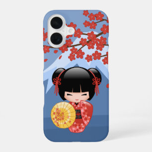 Red Sakura Kokeshi Doll - Cute Geisha Girl iPhone 16 Case