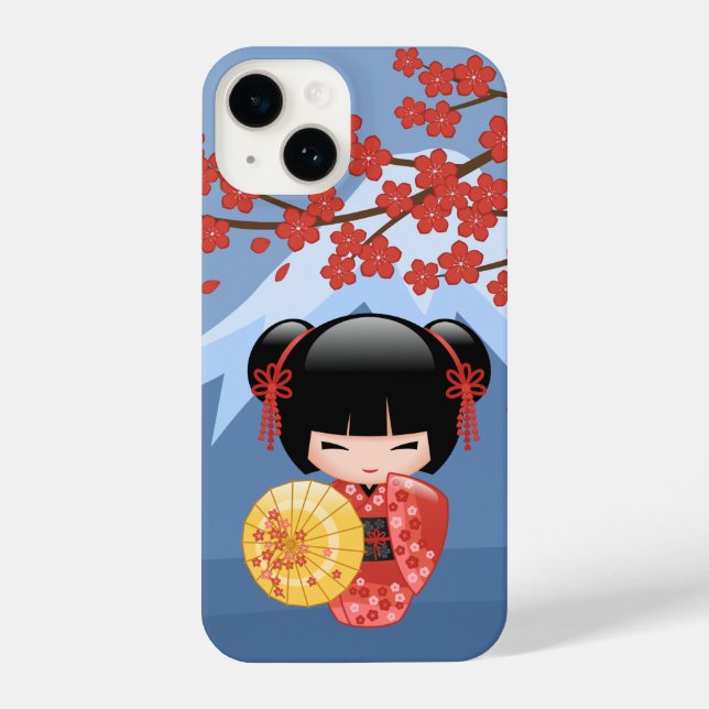 Red Sakura Kokeshi Doll - Cute Geisha Girl iPhone Case (Back)