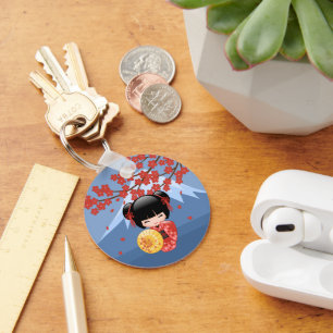 Red Sakura Kokeshi Doll - Cute Geisha Girl Key Ring