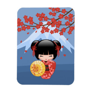 Red Sakura Kokeshi Doll - Cute Geisha Girl Magnet