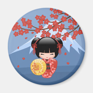 Red Sakura Kokeshi Doll - Cute Geisha Girl Magnet