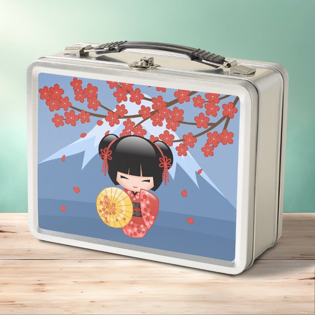 Red Sakura Kokeshi Doll - Cute Geisha Girl Metal Lunch Box (Creator Uploaded)