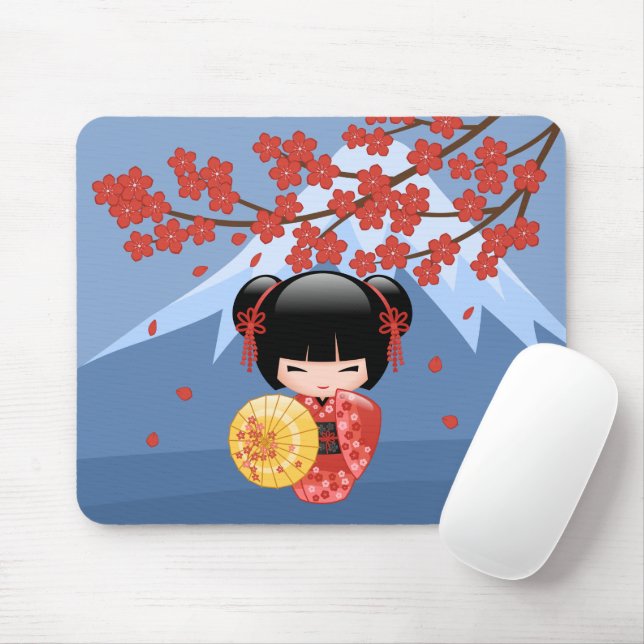 Red Sakura Kokeshi Doll - Cute Geisha Girl Mouse Mat (With Mouse)