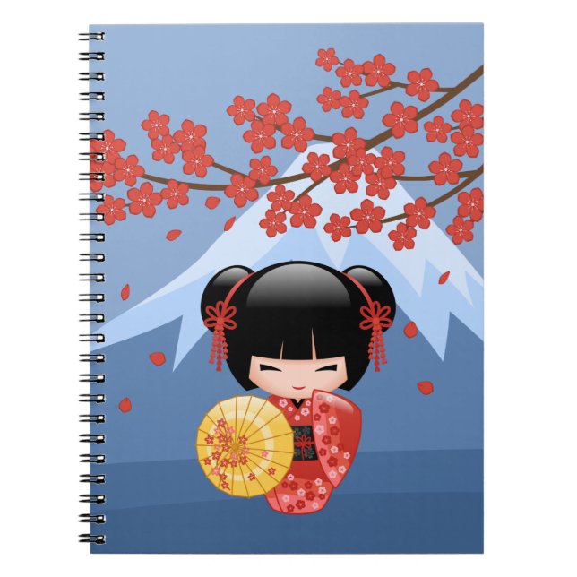Red Sakura Kokeshi Doll - Cute Geisha Girl Notebook (Front)