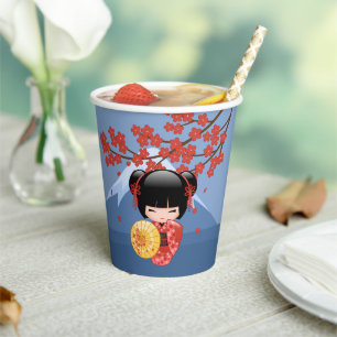 Red Sakura Kokeshi Doll - Cute Geisha Girl Paper Cups