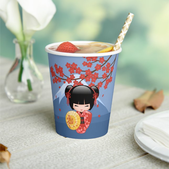 Red Sakura Kokeshi Doll - Cute Geisha Girl Paper Cups (Insitu)
