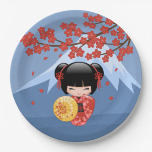 Red Sakura Kokeshi Doll - Cute Geisha Girl Paper Plate