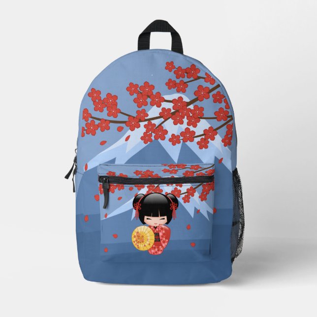 Red Sakura Kokeshi Doll - Cute Geisha Girl Printed Backpack (Front)