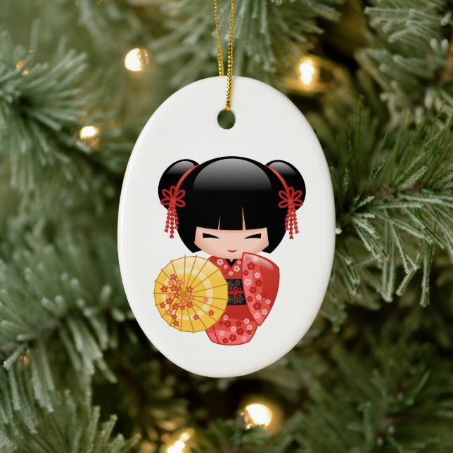 Red Sakura Kokeshi Doll - Cute Geisha on White Ceramic Tree Decoration (Tree)