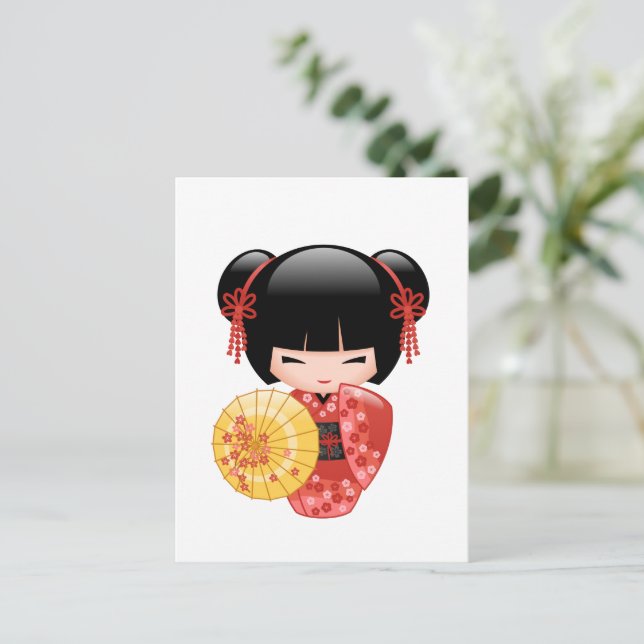 Red Sakura Kokeshi Doll - Cute Geisha Postcard (Standing Front)
