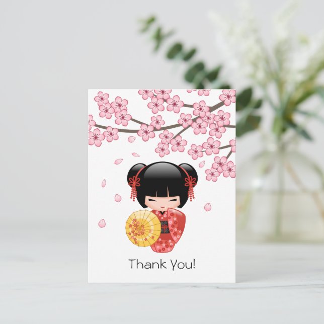 Red Sakura Kokeshi Doll - Cute Geisha Thank You Postcard (Standing Front)