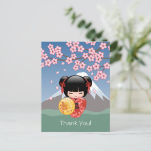 Red Sakura Kokeshi Doll - Cute Geisha Thank You Postcard