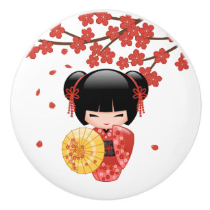 Red Sakura Kokeshi Doll - Cute Japanese Geisha Ceramic Knob