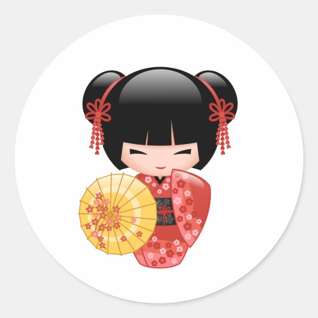 Red Sakura Kokeshi Doll - Cute Japanese Geisha Classic Round Sticker (Front)