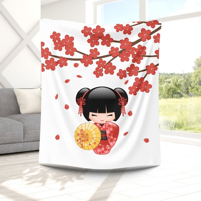 Red Sakura Kokeshi Doll - Cute Japanese Geisha Fleece Blanket (Creator Uploaded)