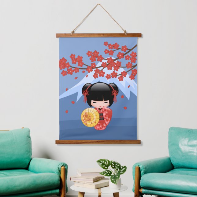 Red Sakura Kokeshi Doll - Cute Japanese Geisha Hanging Tapestry (Living Room)