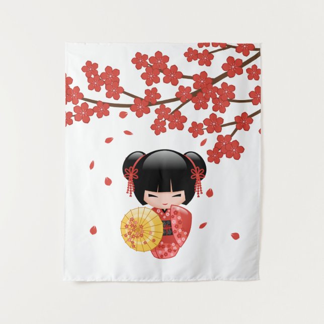 Red Sakura Kokeshi Doll - Cute Japanese Geisha Tapestry (Front)