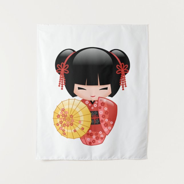 Red Sakura Kokeshi Doll - Cute Japanese Geisha Tapestry (Front)