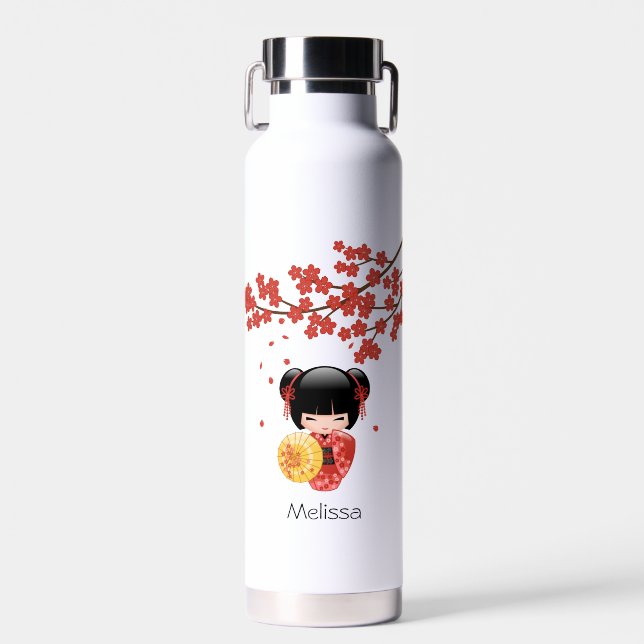 Red Sakura Kokeshi Doll - Cute Japanese Geisha Water Bottle (Front)