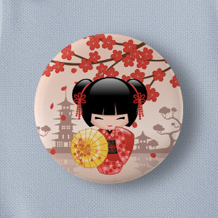 Red Sakura Kokeshi Doll - Japanese Geisha 6 Cm Round Badge