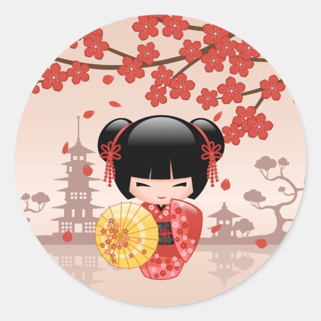 Red Sakura Kokeshi Doll Japanese Geisha Beige Classic Round Sticker (Front)